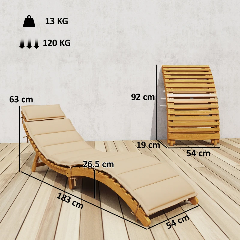 Outsunny Șezlong pliabil rezistent la intemperii din lemn cu tapițerie, suport pentru cap și mâner de transport 183 x 54 x 63 cm, Bej