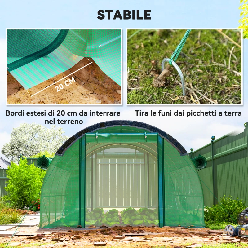 Outsunny Serra a Tunnel 4x3 m con Rete Ombreggiante Extra, Finestre e Ingresso a Zip, in PE e Acciaio, Verde