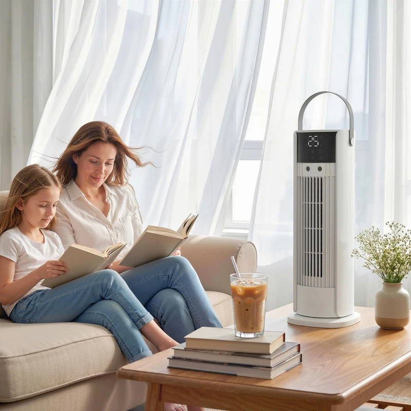 HOMCOM Tower Fan for Bedroom, 16 Inch Mist Desktop Fan with RGB Lights, 3 Speeds, 90° Oscillation, 10H Timer, for Home Office