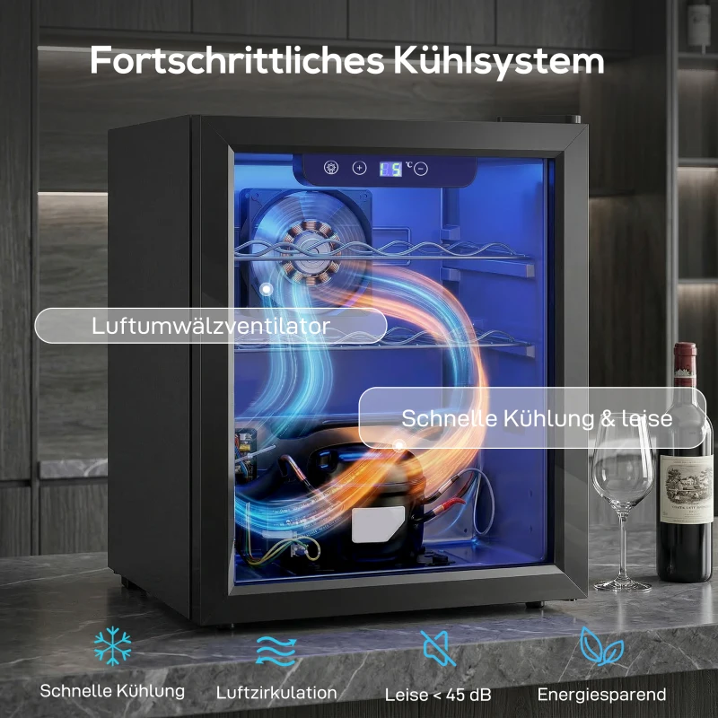 HOMCOM Weinkühler für 16 Flaschen, 48 L Kapazität, 4–16°C, Unterbau Kühlschrank für Getränke und Bier, mit Glastür, LED-Licht
