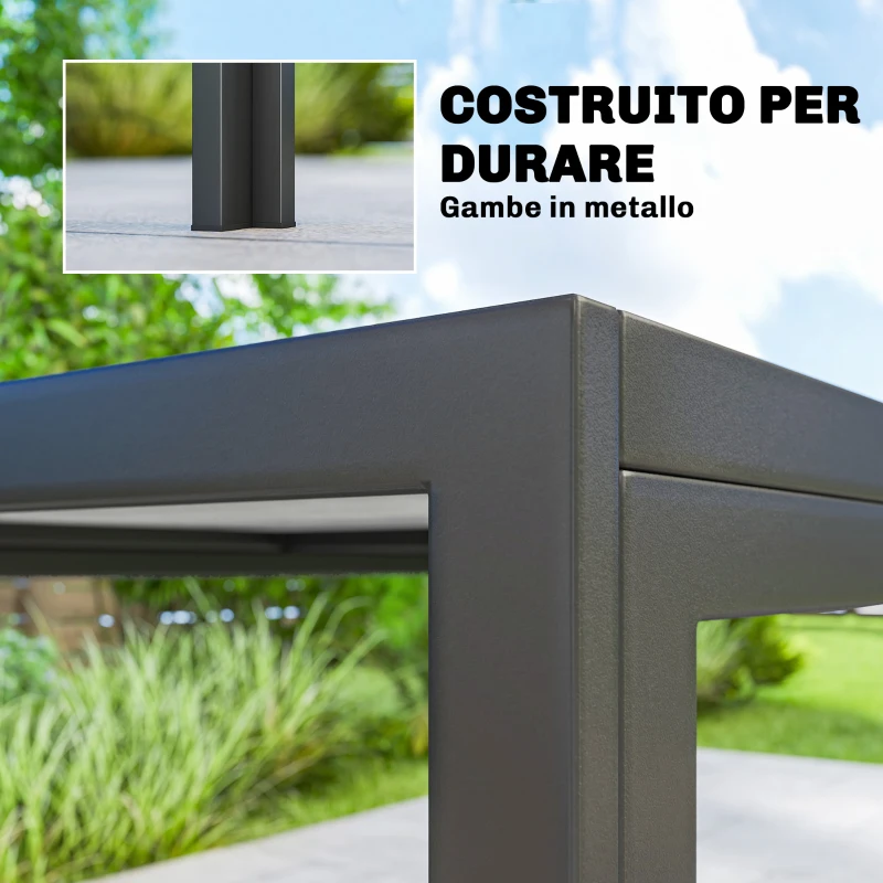 Outsunny Tavolo da Giardino 4-6 Persone con Piano Effetto Legno, in Acciaio e Plastica PSPC, 150x80x74 cm, Grigio e Nero