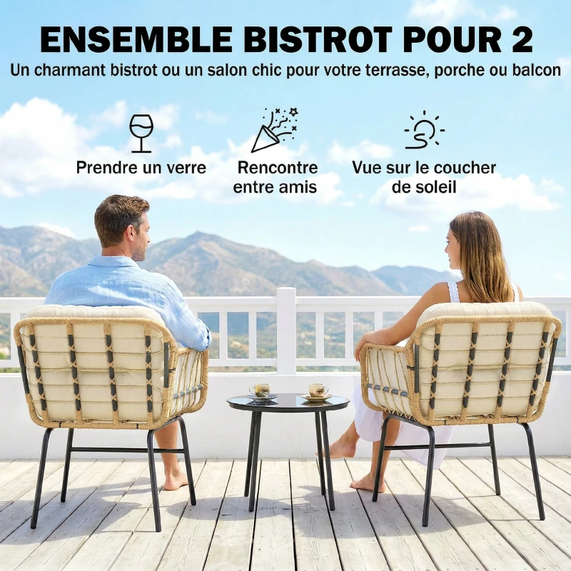 Outsunny Salon de Jardin Extérieur 3 Pièces en Résine Tressée, Table en Verre Trempé, 2 Fauteuils avec Coussins, 62x73x79cm, Kaki