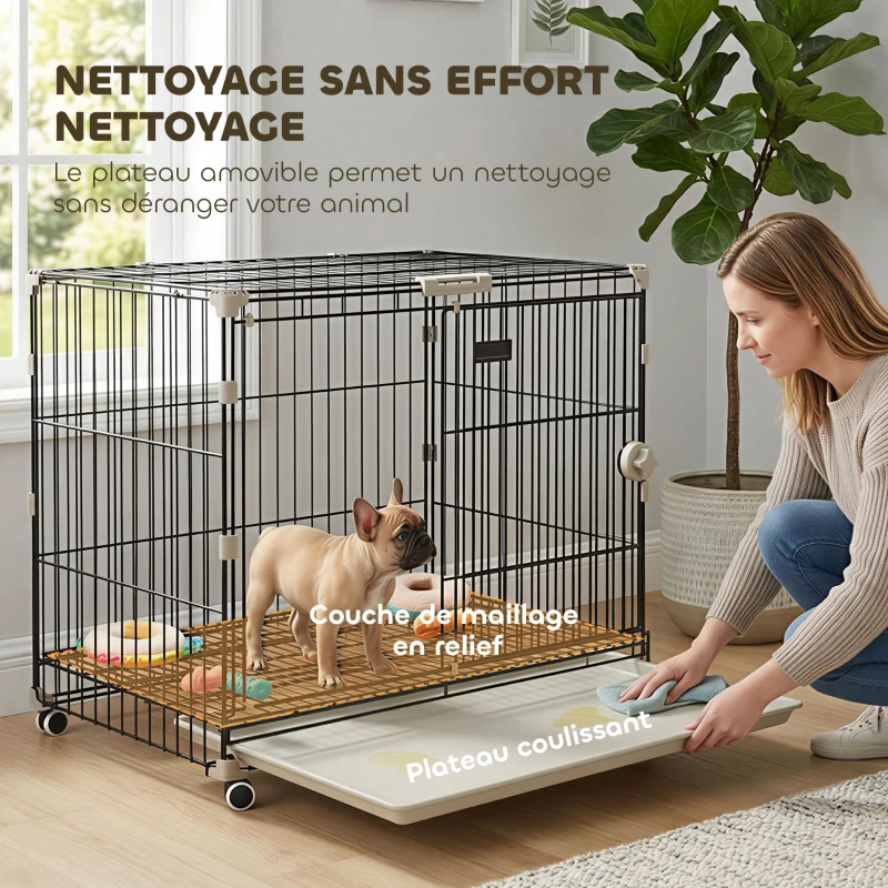 PawHut Cage pour Chien Pliable, Plateau Amovible, Roues avec Freins, Toit Ouvrant, Porte de Nourrissage, 75,5x46x64,5cm, Noir