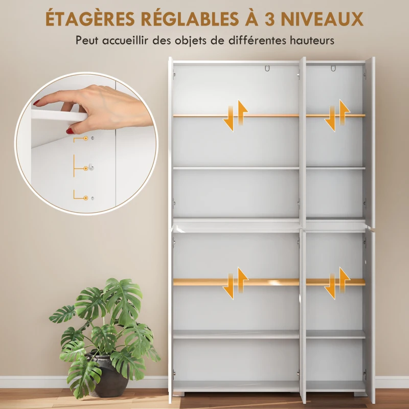 HOMCOM Buffet haut cuisine armoire de cuisine à haute brillance 6 portes à fermeture douce étagères réglables blanc