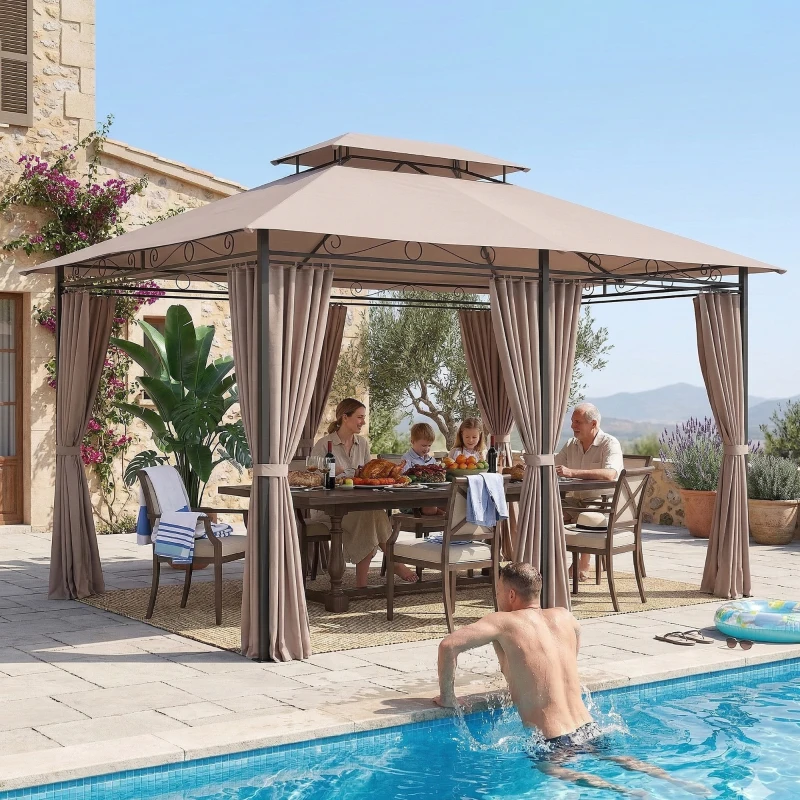 Outsunny Cenador para Jardín 3x4 m Pabellón de Jardín Gazebo con Doble Techo 6 Paredes Laterales Estructura Metálica Caqui