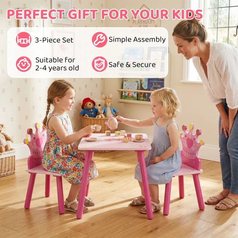 HOMCOM 3 Pcs Kids and Table Chair Set Princess & Crown Theme Home Furniture Pretty Gift Pink