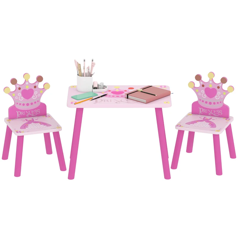 HOMCOM 3 Pcs Kids and Table Chair Set Princess & Crown Theme Home Furniture Pretty Gift Pink