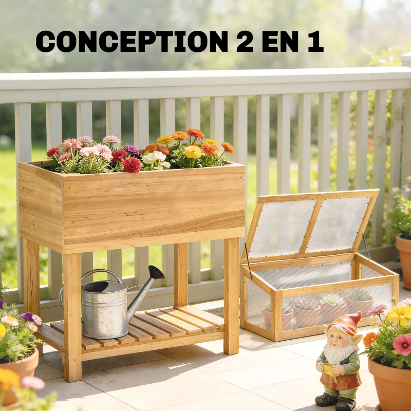 Outsunny Carré Potager sur Pieds avec Serre en Bois avec Couvercle Relevable, Étagère de Rangement, 80x45x108,5cm, Naturel