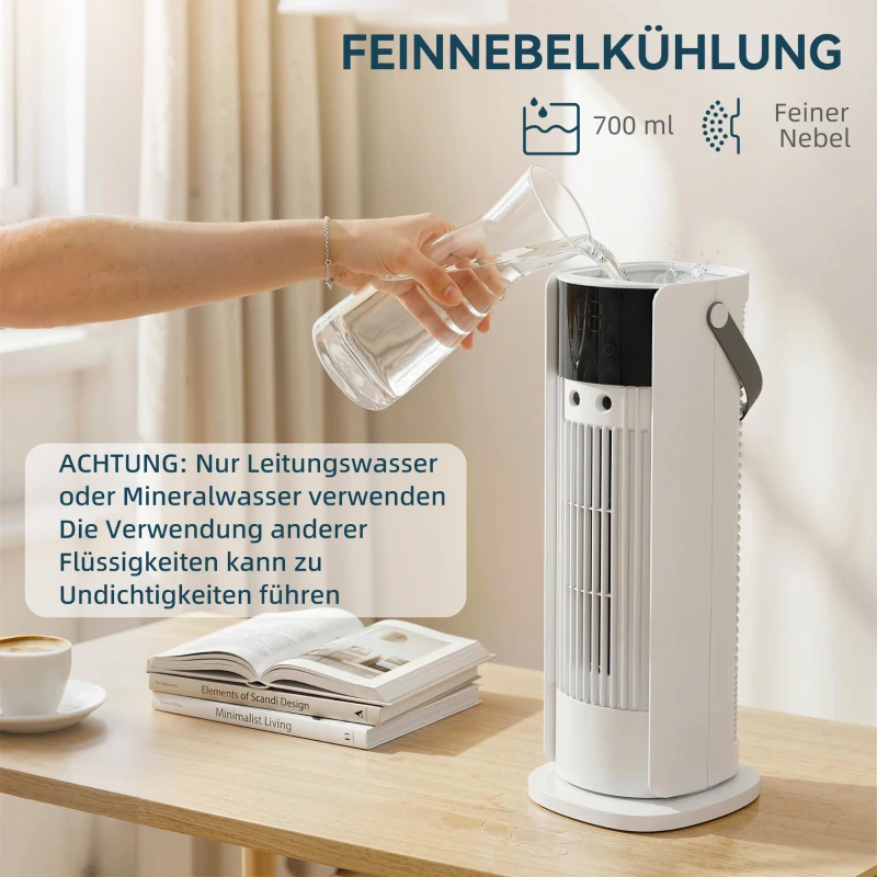 HOMCOM Turmventilator für das Schlafzimmer, 40 cm Tischventilator mit Nebelfunktion, RGB-Licht, 3 Geschwindigkeiten, 90° Oszillation, 10-Stunden-Timer, für Zuhause und Büro