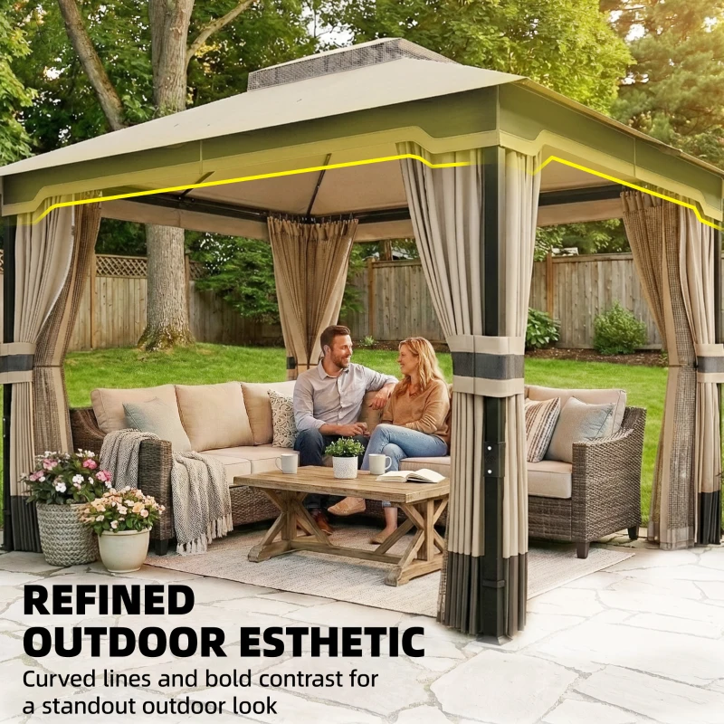 Outsunny 3 x 3.6 m Outdoor Garden Gazebo with Netting and Curtains, Double Roof Patio Gazebo Permanent Pavilion, Khaki