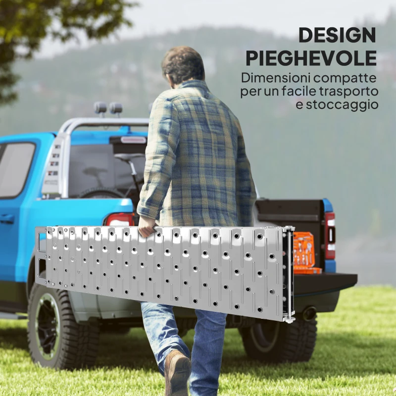 HOMCOM Foldable Non-Slip Motorcycle Loading Ramp with Safety Strap, Steel, Silver