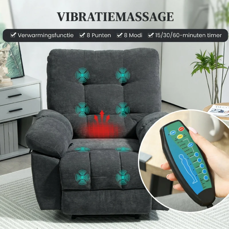 HOMCOM Relaxstoel met Massage, 8 Vibratiepunten, Verstelbare Voetsteun, Zijvak, Ligstoel, Grijs(m-4)