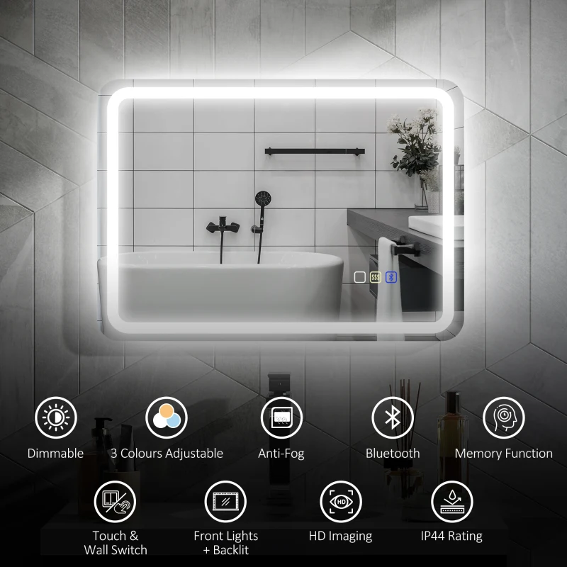 HOMCOM 500 x 700 mm Bluetooth Bathroom Mirror with LED Lights, Illuminated Backlit Wall Mounted Vanity Mirror with 3 Colours Dimmable, Anti-Fog, Memory & Touch Switch, IP44
