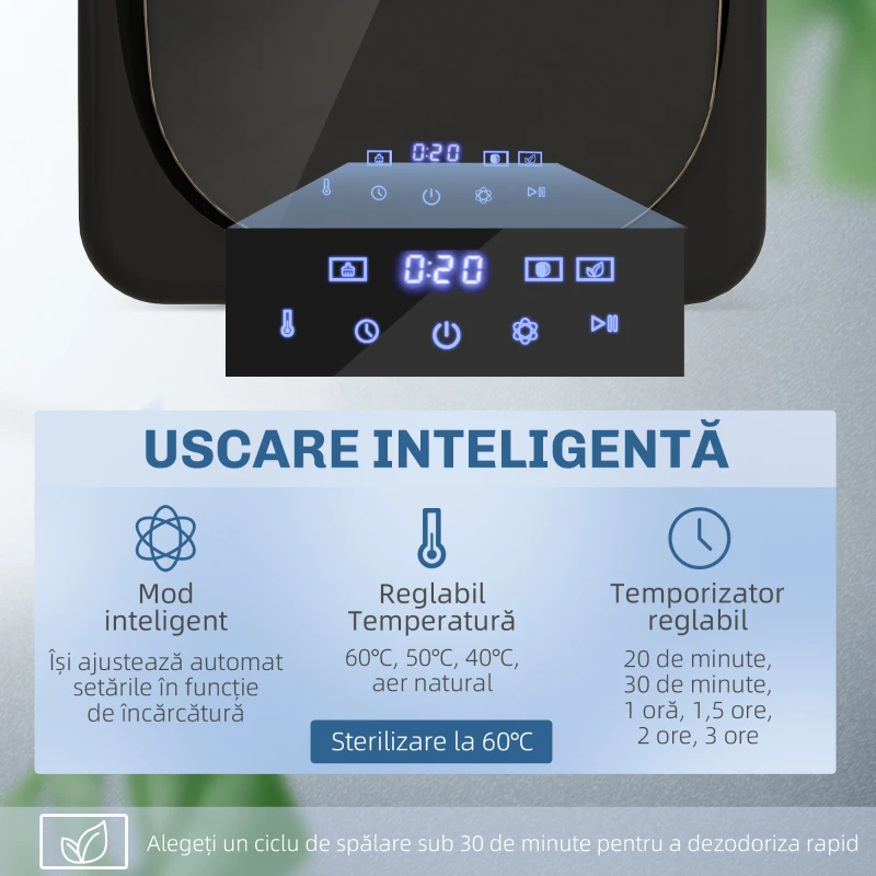 HOMCOM Uscător cu Aer, Capacitate 4kg, Timer și Program Smart, din Oțel Inoxidabil și ABS, 48x40x56 cm, Negru