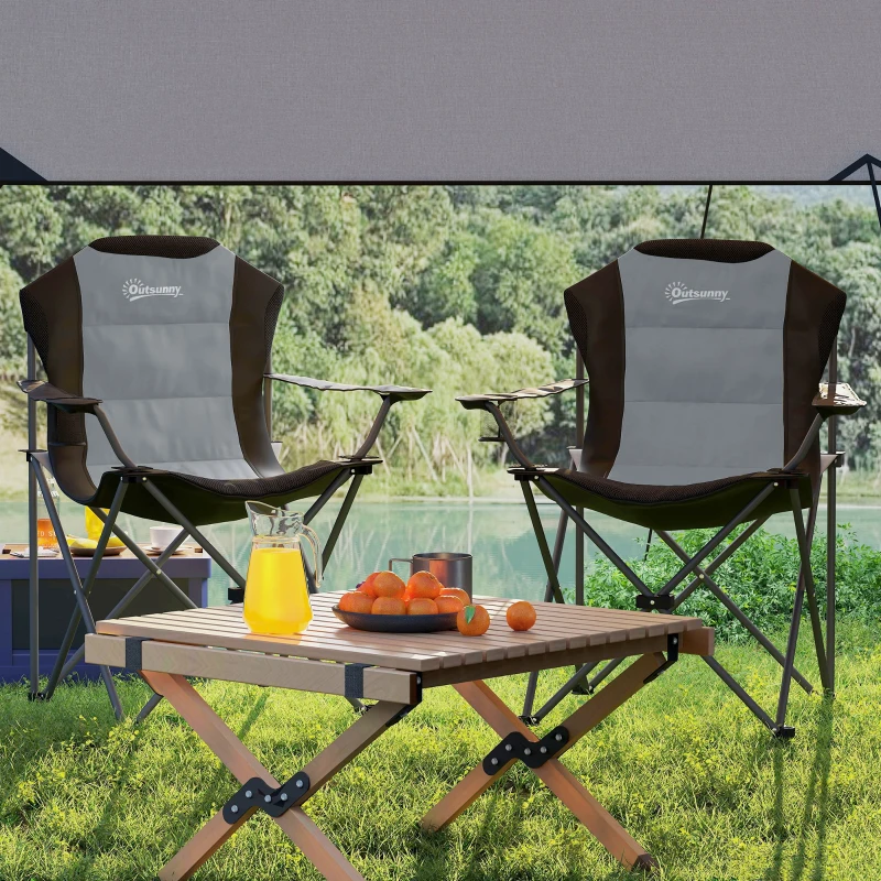 Outsunny Set of 2 Padded High-Back Folding Camping Chairs with Cup Holder, 120 kg Capacity, Dark Gray
