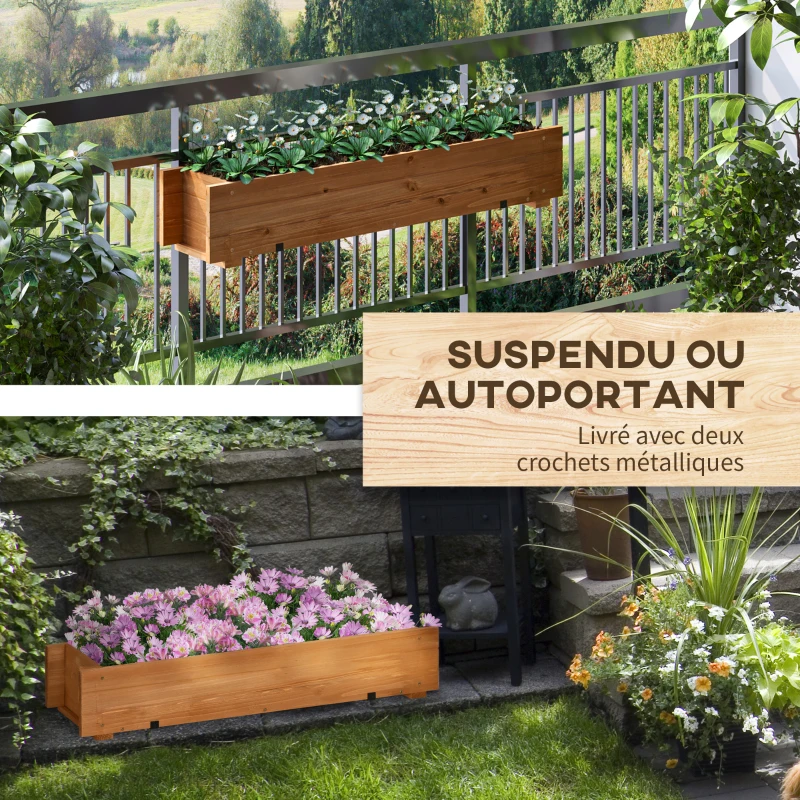 Outsunny Rectangular Wooden Planter Square Garden Hanging Planter with 2 Hooks 91 x 18 x 16.5 cm Brown