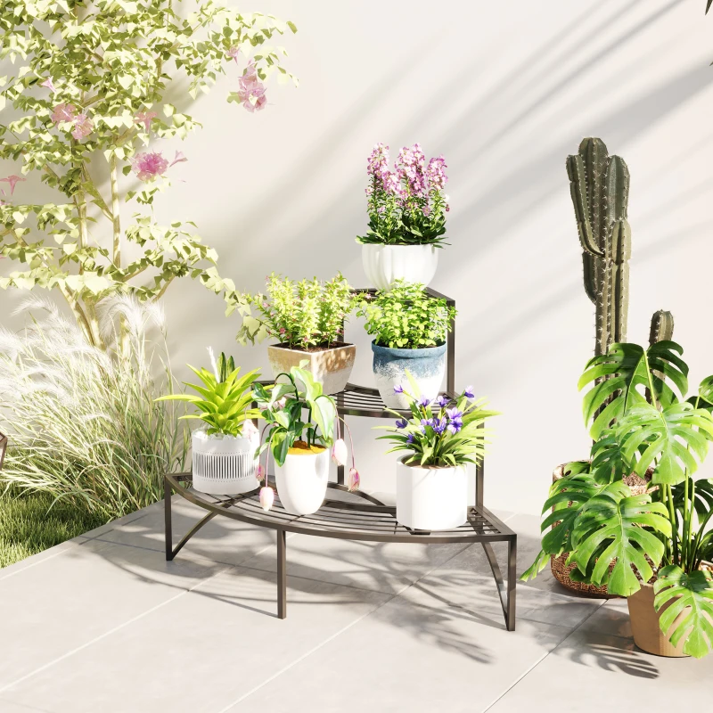 Outsunny Three-Tier Corner Metal Plants Shelves - Black