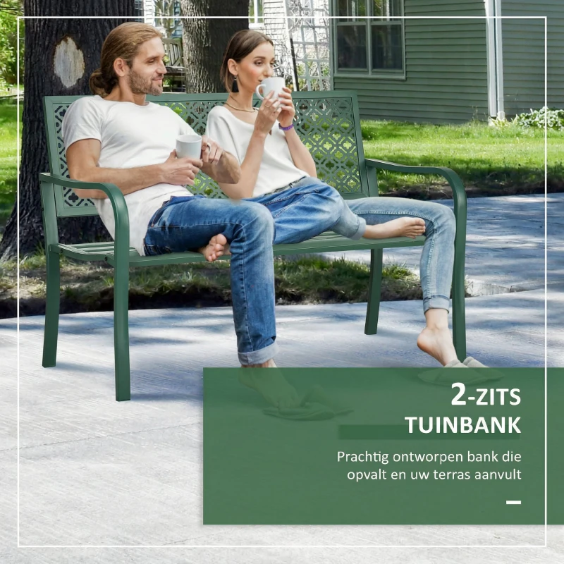 Outsunny stalen tuinbank, 2-zits parkbank met rugleuning en armleuning, bank met bloemmotief, voor tuin, balkon, max. 240 kg, donkergroen, 127 x 63 x 83 cm
