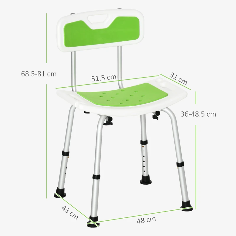 HOMCOM Shower Stool with Backrest, Height Adjustable Shower Chair with Anti-slip Foot Pads, Shower Head Holder, Green