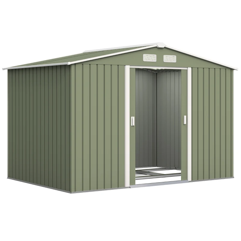 Outsunny Abri de jardin 5,4 m² 2,77 x 1,95 x 1,92 m kit de fondation porte coulissante ventilations acier galvanisé, vert clair