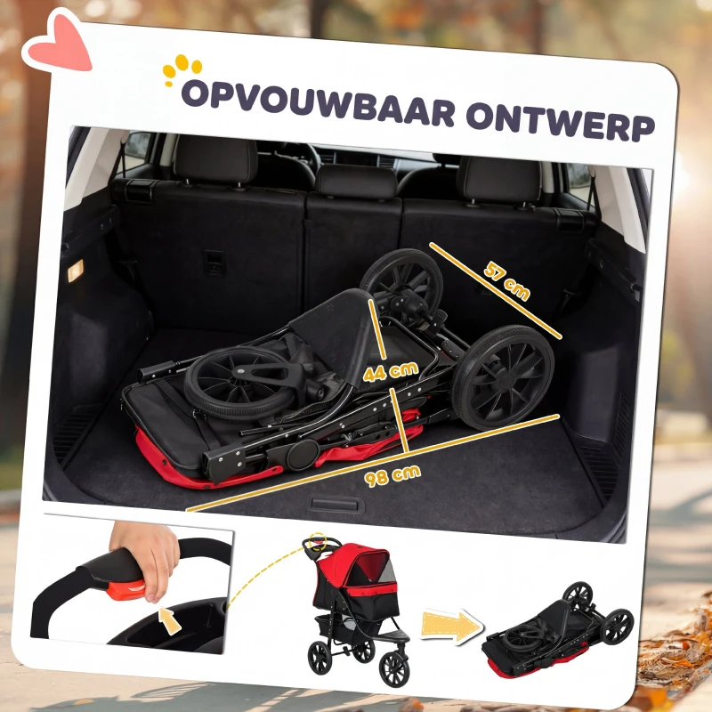 PawHut Hondenwagen opvouwbaar hondenbuggy tot 10 kg met 3 wielen, gaasramen bekerhouder opbergmand 109,5x57,5x106,5 cm Rood