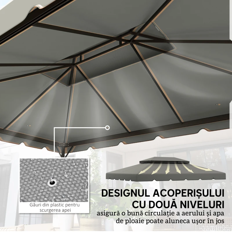 Outsunny Acoperiș pentru Foișor 3x4 m cu 2 Nivele și 8 Găuri de Drenaj din Poliester Gri Deschis