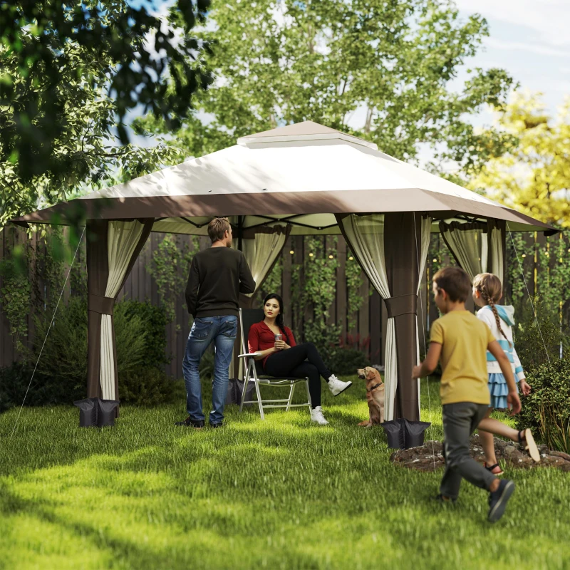 Outsunny 4 x 4 m Garden Canopy, Garden Tent with Mesh Walls, UPF50+ Protection, Height-Adjustable Party Canopy, Beige