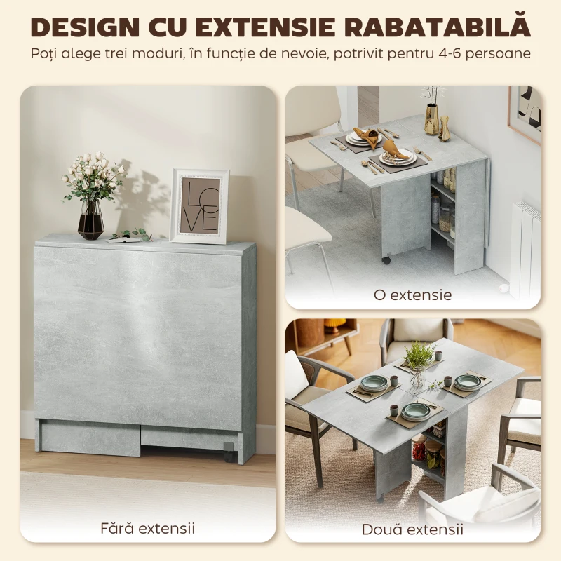 HOMCOM Masă Pliabilă din Lemn pentru 4-6 Persoane cu Roți, 75x140x74cm, Gri