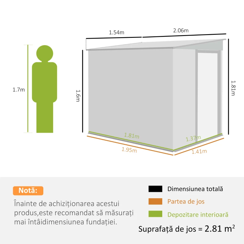 Outsunny Magazie pentru Unelte din Metal 1.5x2m cu Fundație, Ușă Glisantă și Acoperiș Înclinat, Gri Închis