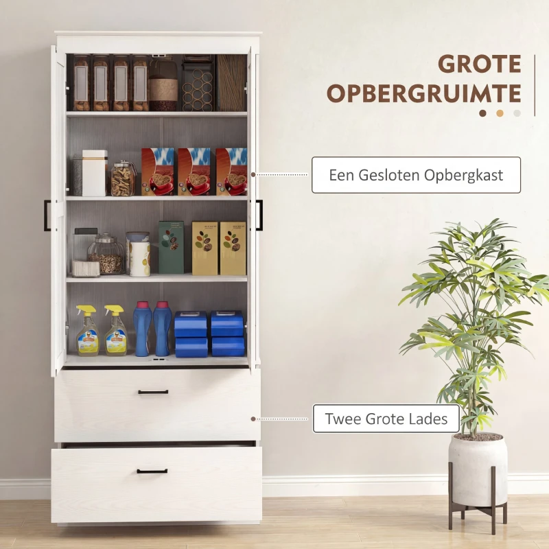 HOMCOM Vrijstaande Keukenkast met Verstelbare Schappen en Twee Brede Laden voor Woonkamer, Keuken, Wit(m-4)