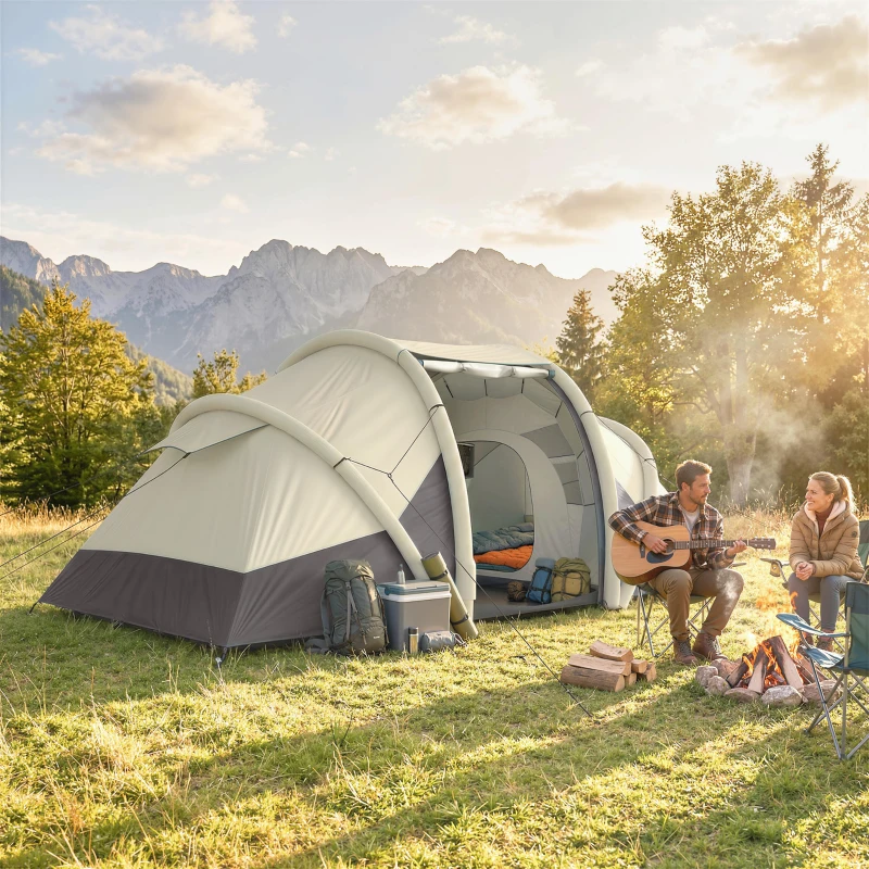 Outsunny Tenda da Campeggio Gonfiabile e Impermeabile per 2-4 Persone con Pompa, 2 Camere e Soggiorno, 485x245x188 cm, Marrone Caffè