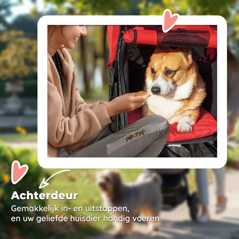 PawHut Hondenwagen opvouwbaar hondenbuggy tot 10 kg met 3 wielen, gaasramen bekerhouder opbergmand 109,5x57,5x106,5 cm Rood