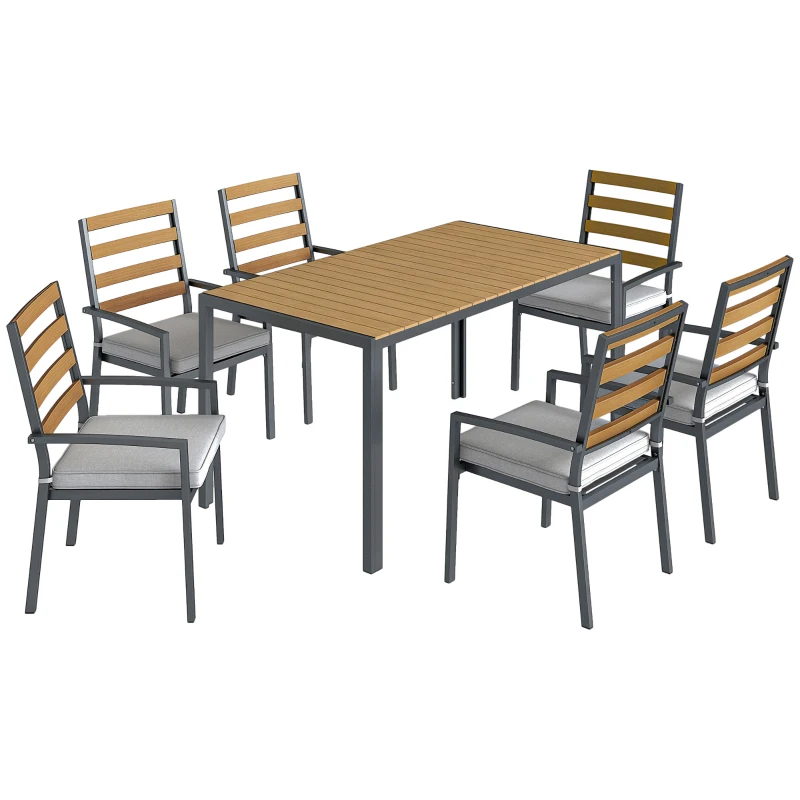 Outsunny Ensemble de jardin 7 pièces, mobilier avec 1 table à manger, 6 chaises, coussins, pour terrasse, bois naturel