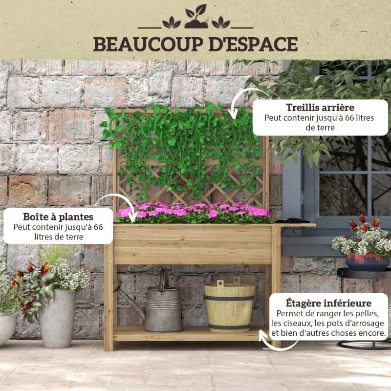 Outsunny Rectangular planter on legs with trellis 2 foldable side shelves 1 lower shelf wood