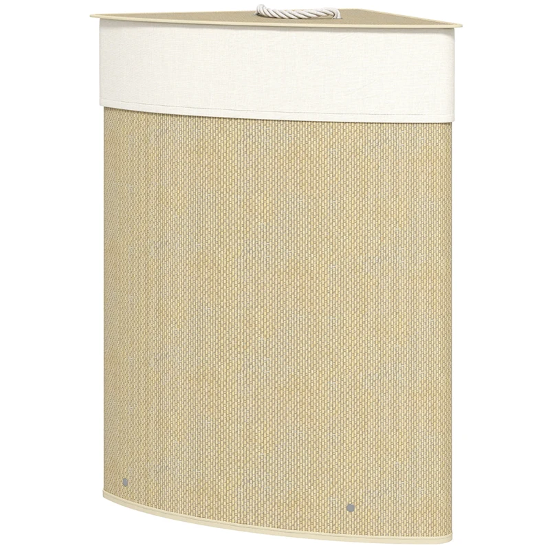 HOMCOM Coș de rufe din bambus 55L, coș triunghiular cu sac detașabil și lavabil, capac, mâner, 35x35x60cm, natural
