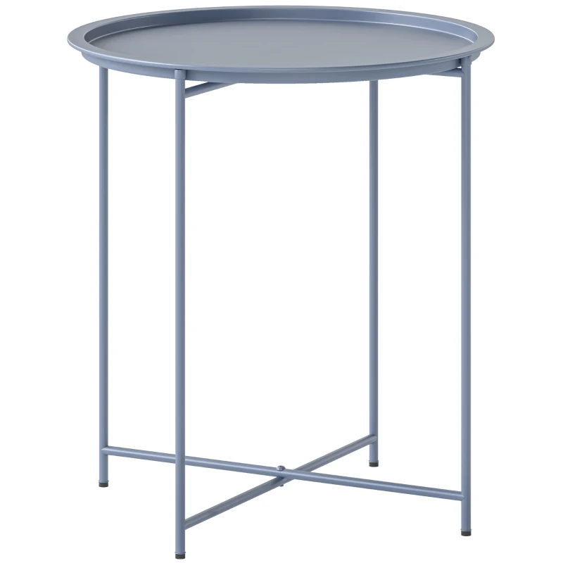 Outsunny Table Basse Ronde Table d'Appoint Plateau Amovible avec Bord Relevé Pieds Pliables en Métal Ø46x50cm Bleu Gris