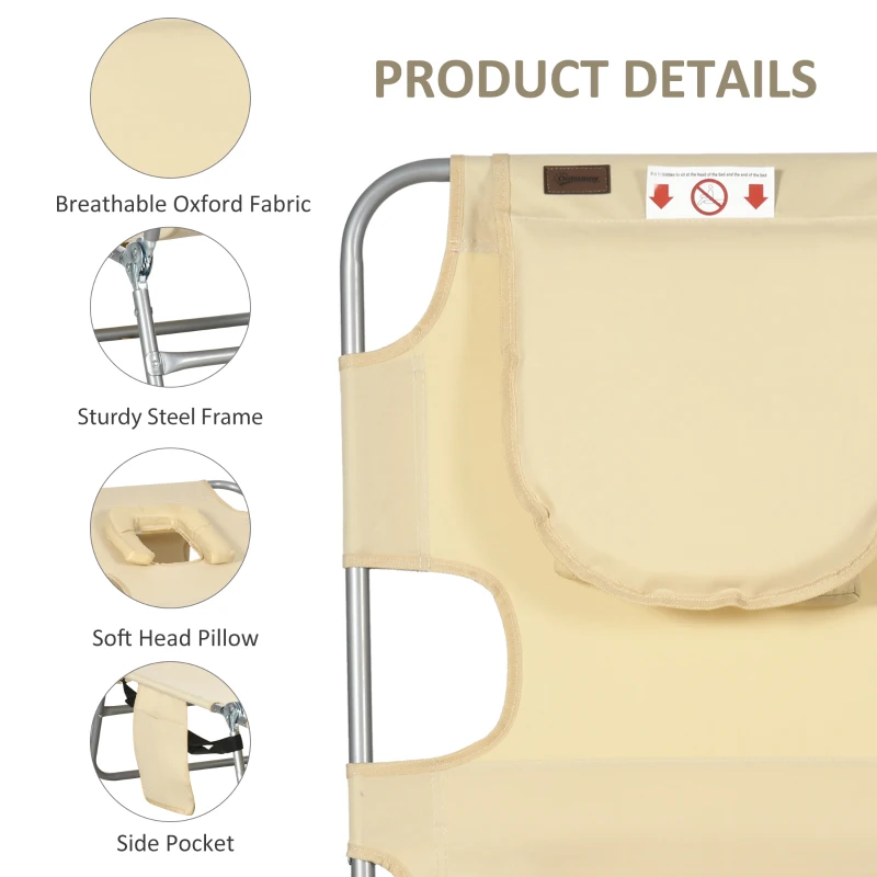 Outsunny Leżak ogrodowy, leżak z wyściełanym otworem na twarz, leżak masujący do użytku na zewnątrz, boczna kieszeń, tkanina, metal, beżowy