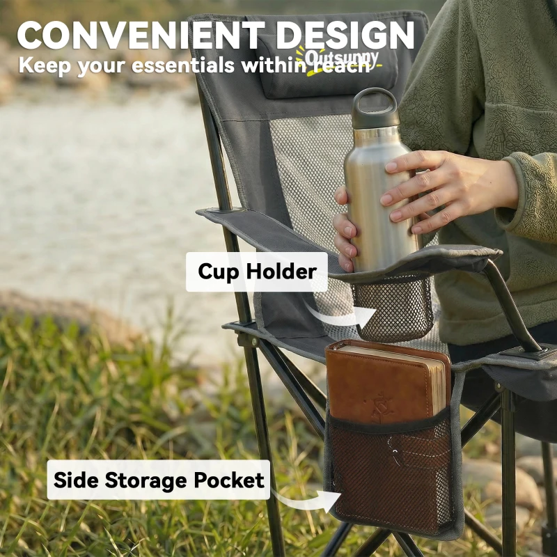Outsunny 2-delige set opvouwbare campingstoelen met verstelbare rugleuning, voetsteun, bekerhouder, hoofdsteun, donkergrijs