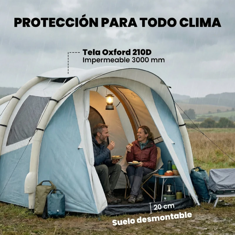 Outsunny Tienda Campaña Inflable 2-3 Personas con Bomba Dormitorio y Zona de Estar Impermeable 3000 mm Montaje Rápido Azul Claro
