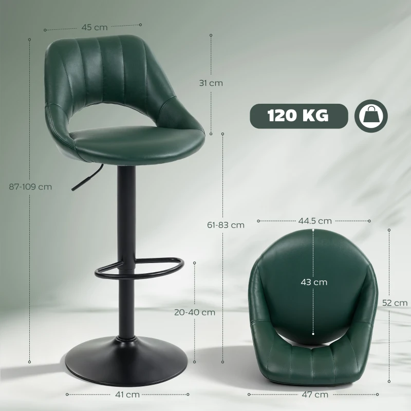 HOMCOM Set of Two Faux Leather Bar Stools - Dark Green