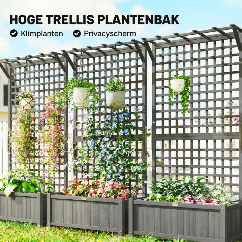 Outsunny Verhoogd bed met spalier en dak, plantenbak, bloembed, weerbestendig, hout, 90 x 45 x 183 cm, Donkergrijs