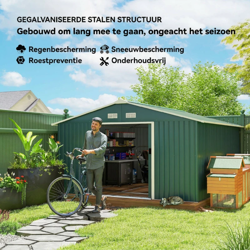 Outsunny Tuinschuur, Weerbestendig Tuinhuis voor Tuingereedschap, met Ventilatieramen, Schuifdeuren, Staal, Donkergroen(m-4)
