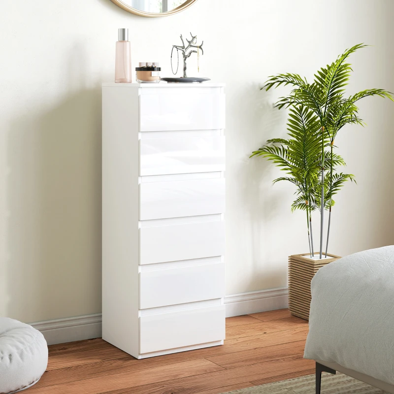 HOMCOM Comodă 6 sertare cu luciu înalt, mobilier de depozitare îngust fără mânere, 40 x 35 x 109 cm, alb