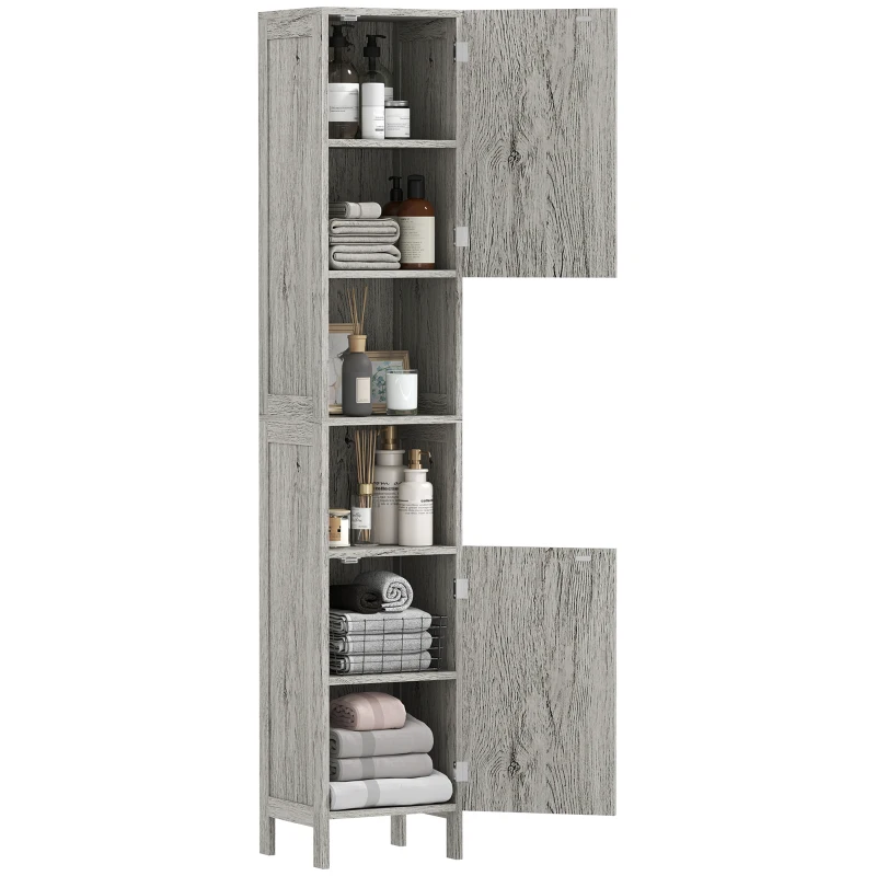 kleankin Columna de Baño Mueble Alto y Estrecho con Estantes Abiertos y 2 Armarios 30x32x172,5 cm Madera Grisácea