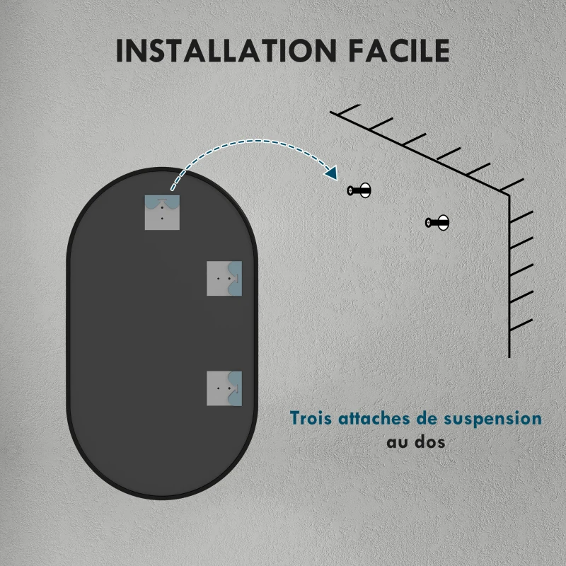 HOMCOM Oval wall mirror aluminum frame minimalist style vertical or horizontal mounting with 3 hooks 40 x 70 cm black