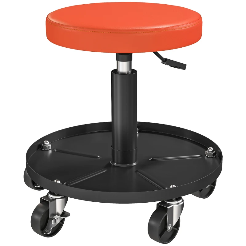 HOMCOM Workshop Stool with 5 360° Swivel Casters, Adjustable Height 38-50 cm, with Tray, 38 x 38 x 38-50 cm, Orange
