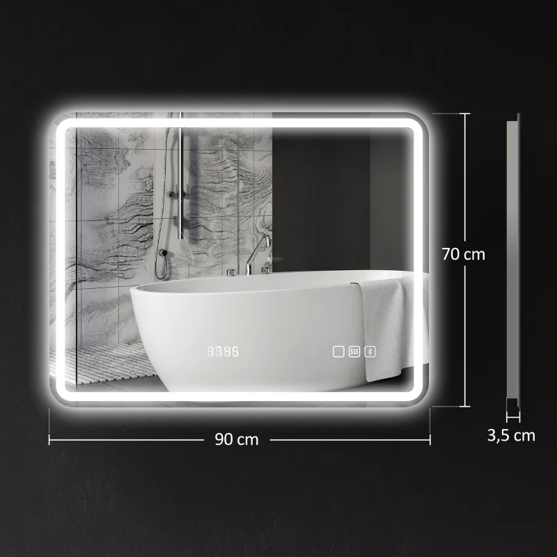 HOMCOM 700 x 900 mm Bluetooth Bathroom Mirror with LED Lights, Illuminated Backlit Wall Mounted Vanity Mirror with 3 Colours Dimmable, Clock, Anti-Fog, Memory & Touch Switch, IP44
