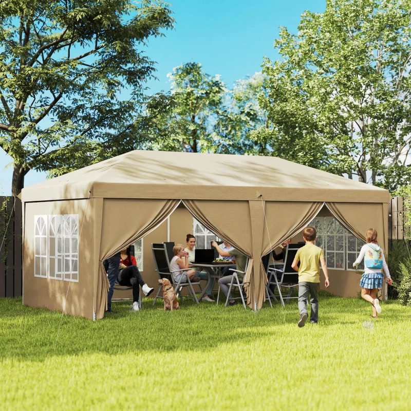 Outsunny Pop-up waterproof folding canopy 6 x 3 x 2.7 m 4 removable sidewalls 4 windows carry bag khaki