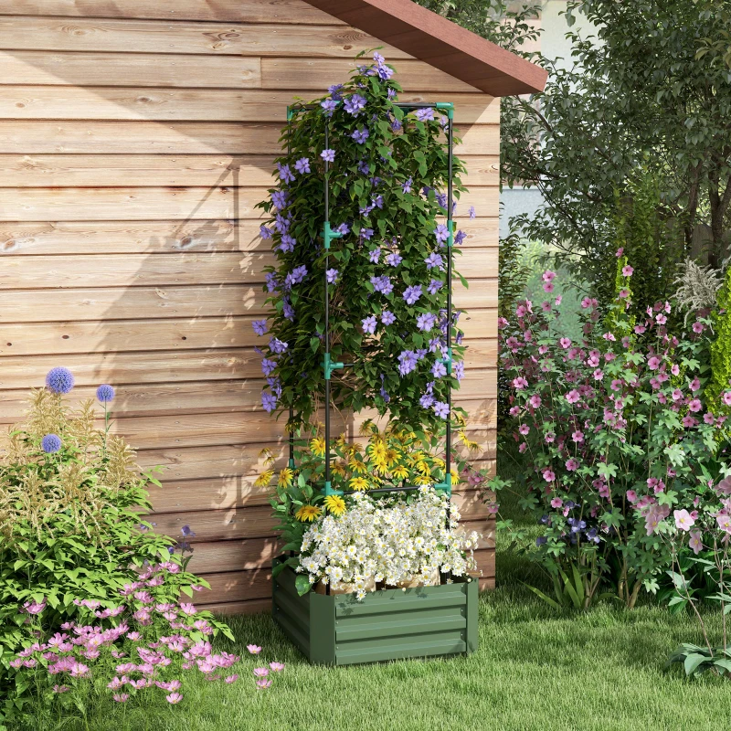 Outsunny Planter with Adjustable Trellis, Flower Box with Tomato Cage Galvanized Steel 61 x 61 x 187 cm Green