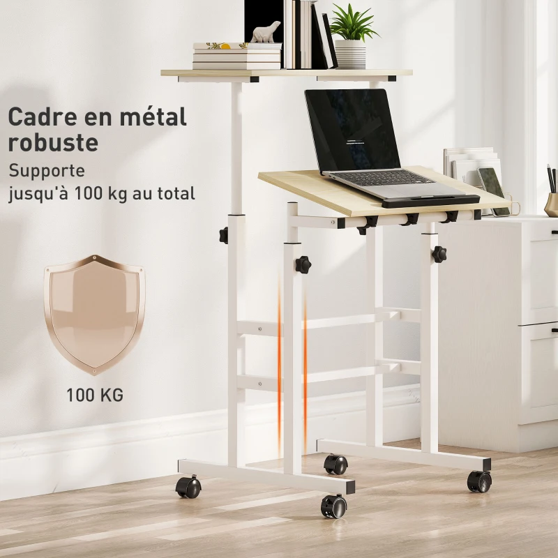 HOMCOM Sit-Stand Desk height-adjustable 60 x 60 cm on casters with tilting top, metal frame, natural